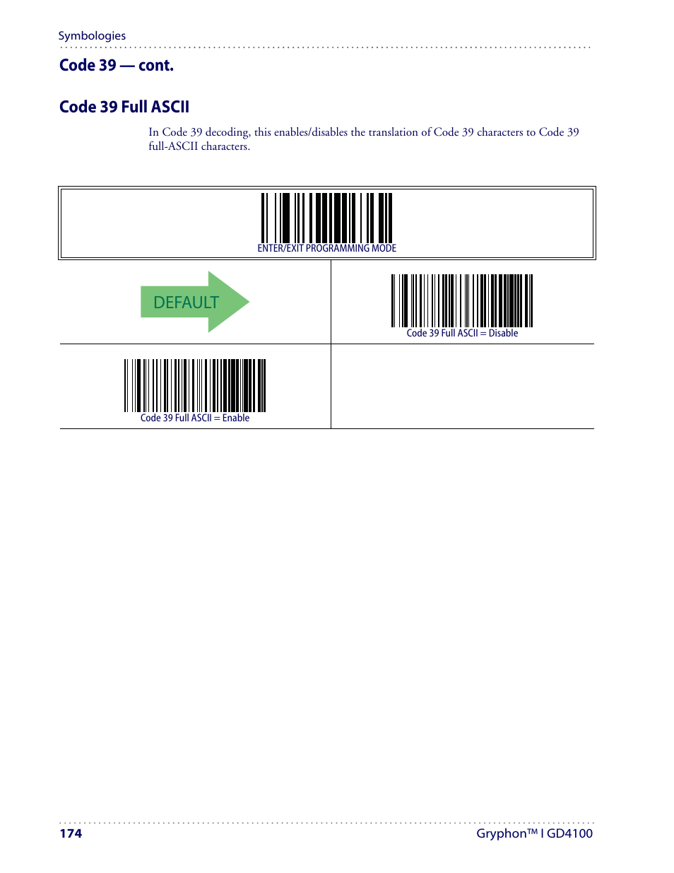 Default, Code 39 — cont. code 39 full ascii | Datalogic Scanning I GD4100 User Manual | Page 176 / 324