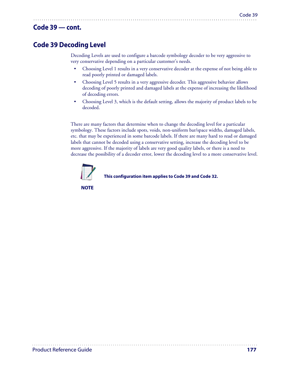 Code 39 — cont. code 39 decoding level | Datalogic Scanning I GD4100 User Manual | Page 179 / 324