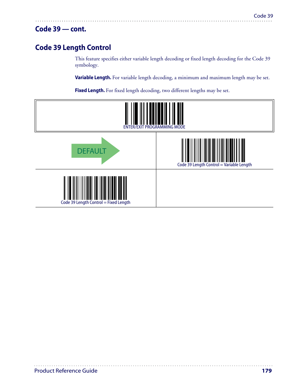 Default, Code 39 — cont. code 39 length control | Datalogic Scanning I GD4100 User Manual | Page 181 / 324