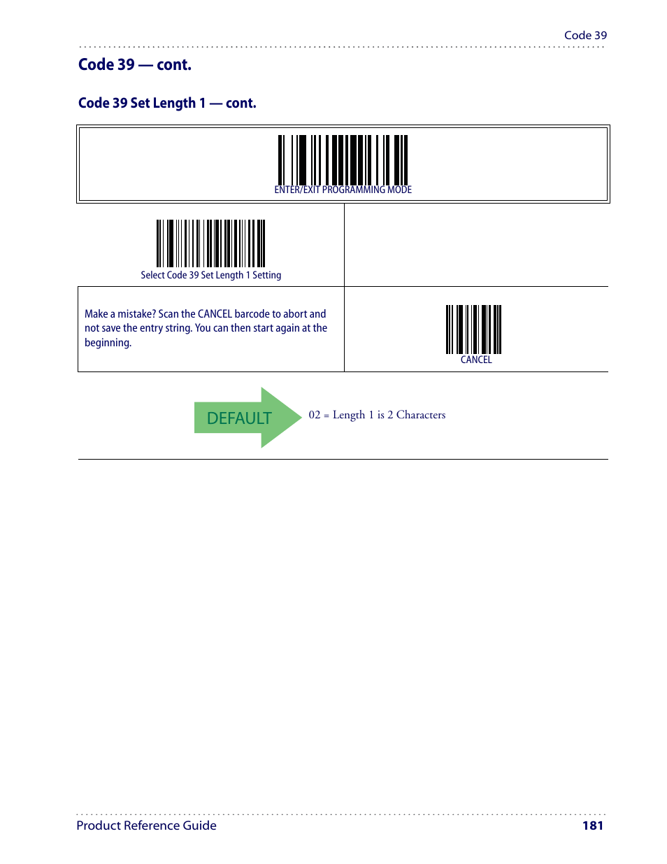 Default, Code 39 — cont | Datalogic Scanning I GD4100 User Manual | Page 183 / 324