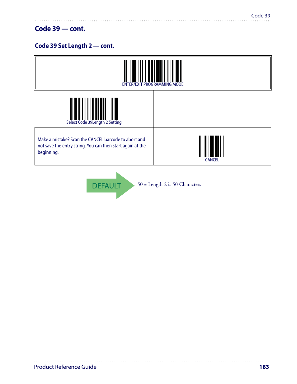 Default, Code 39 — cont | Datalogic Scanning I GD4100 User Manual | Page 185 / 324