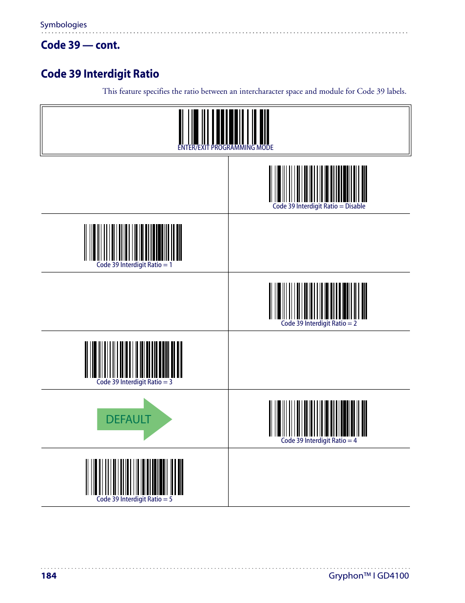 Default, Code 39 — cont. code 39 interdigit ratio | Datalogic Scanning I GD4100 User Manual | Page 186 / 324