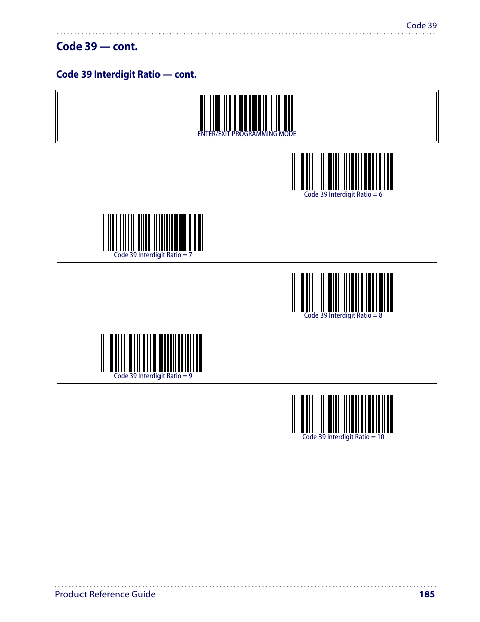 Code 39 — cont, Code 39 interdigit ratio — cont | Datalogic Scanning I GD4100 User Manual | Page 187 / 324