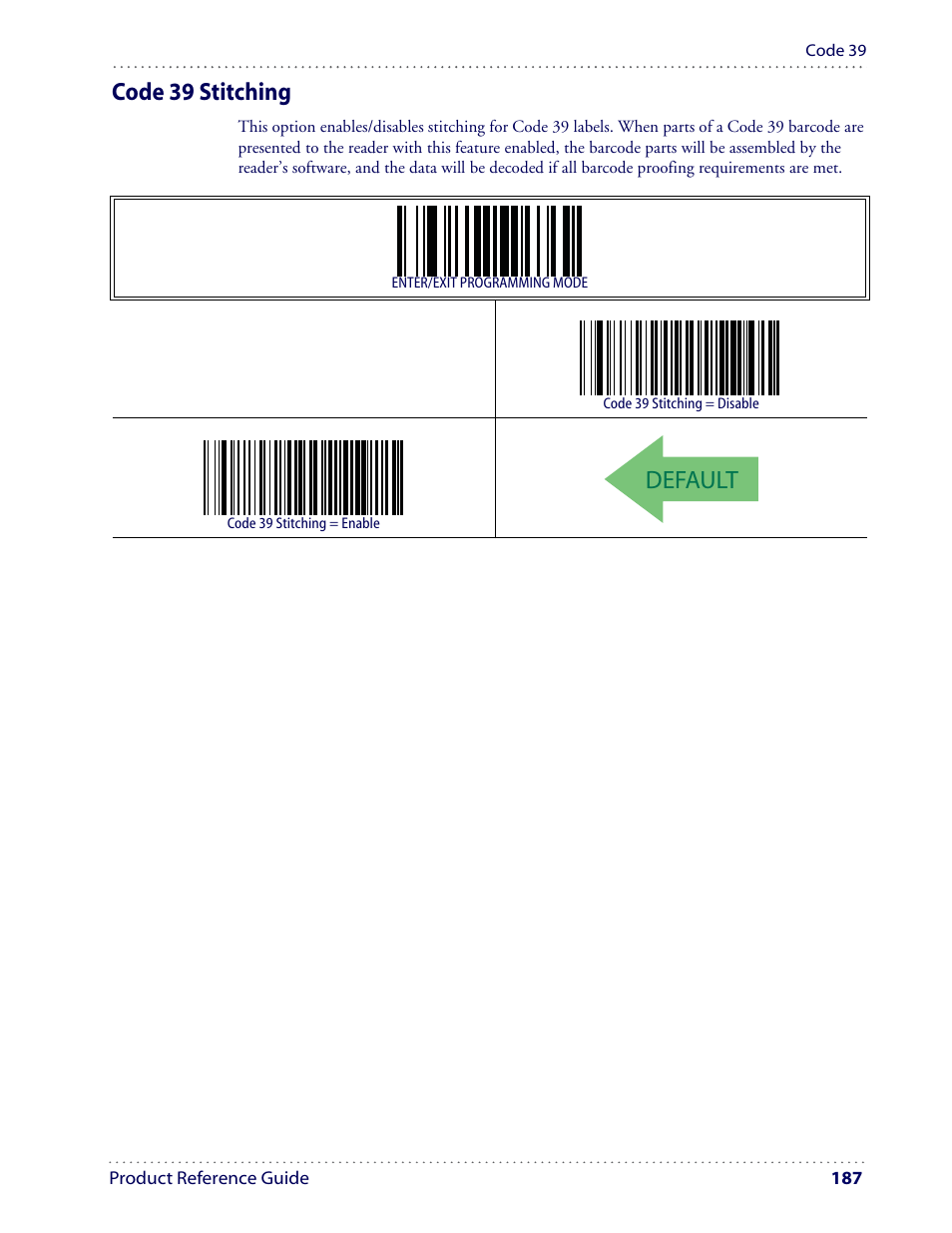 Default, Code 39 stitching | Datalogic Scanning I GD4100 User Manual | Page 189 / 324