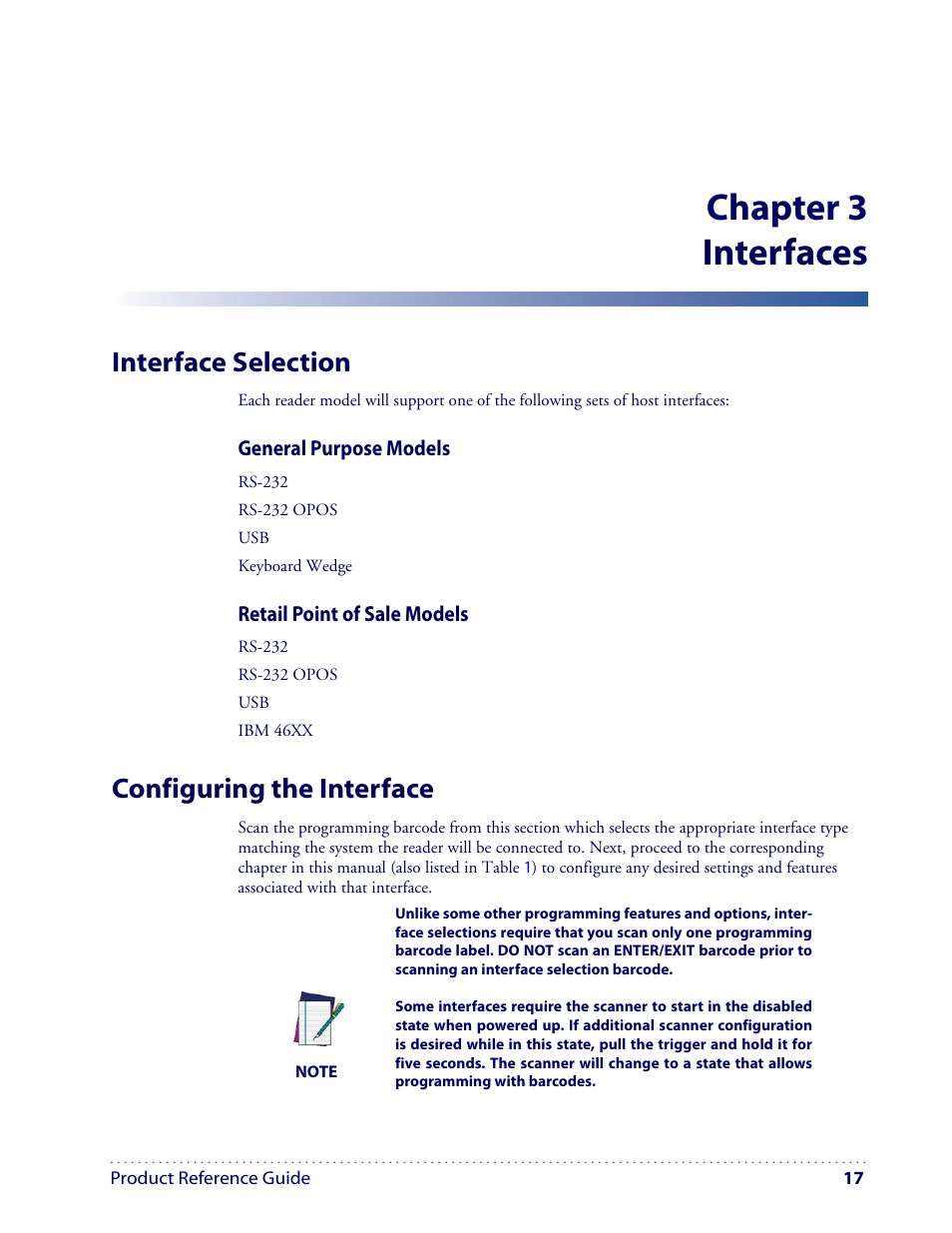 Chapter 3 interfaces, Interface selection, Configuring the interface | Datalogic Scanning I GD4100 User Manual | Page 19 / 324