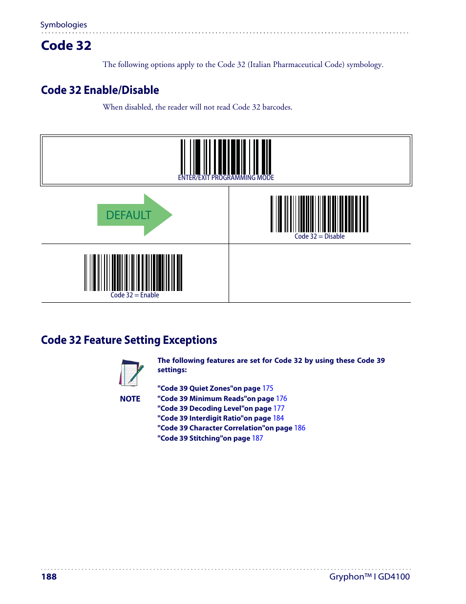 Code 32, Default, Code 32 enable/disable | Code 32 feature setting exceptions | Datalogic Scanning I GD4100 User Manual | Page 190 / 324