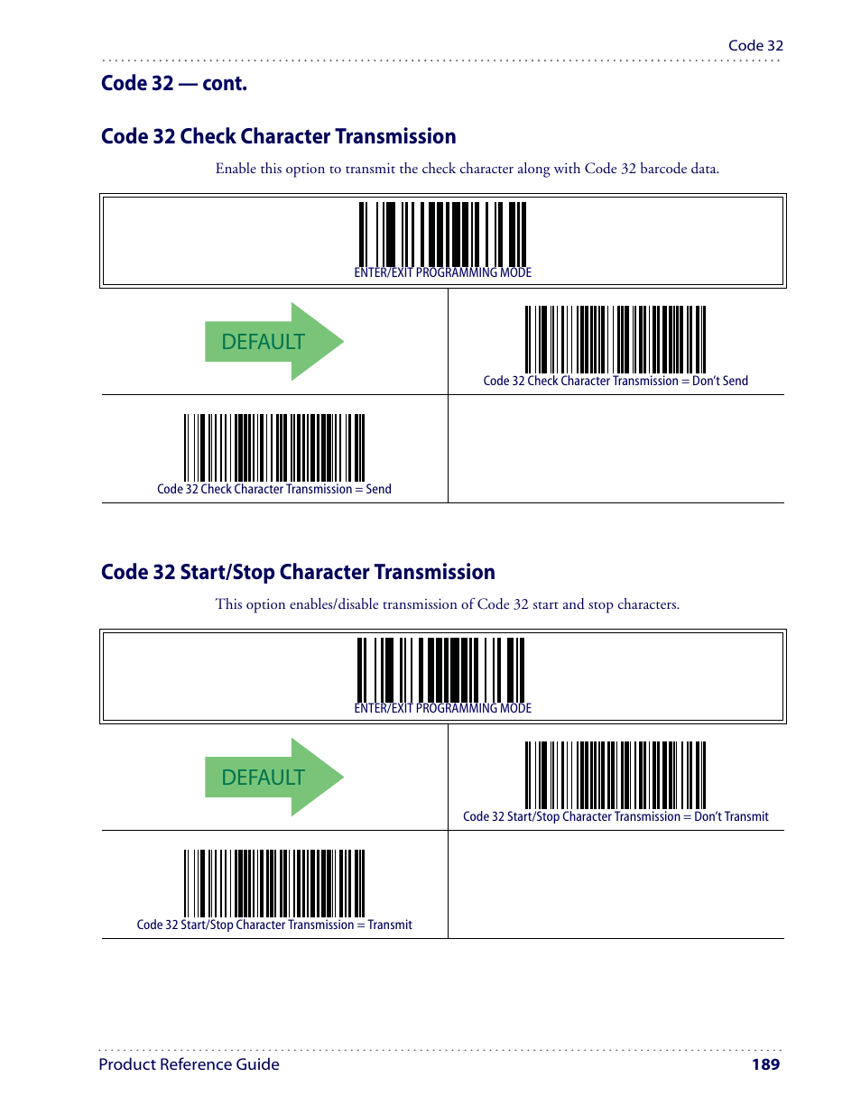 Default, Code 32 start/stop character transmission | Datalogic Scanning I GD4100 User Manual | Page 191 / 324