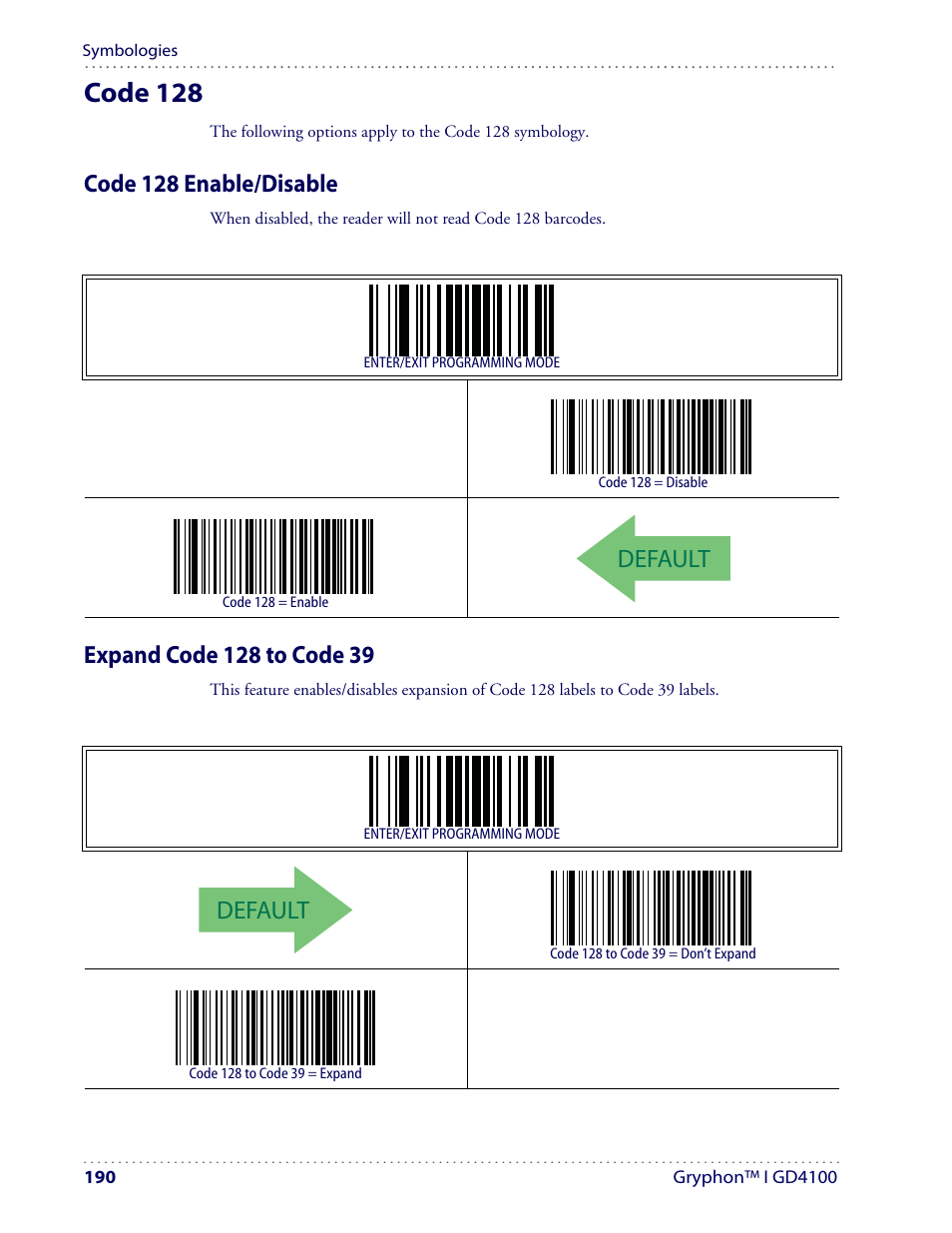 Code 128, Default, Code 128 enable/disable | Datalogic Scanning I GD4100 User Manual | Page 192 / 324