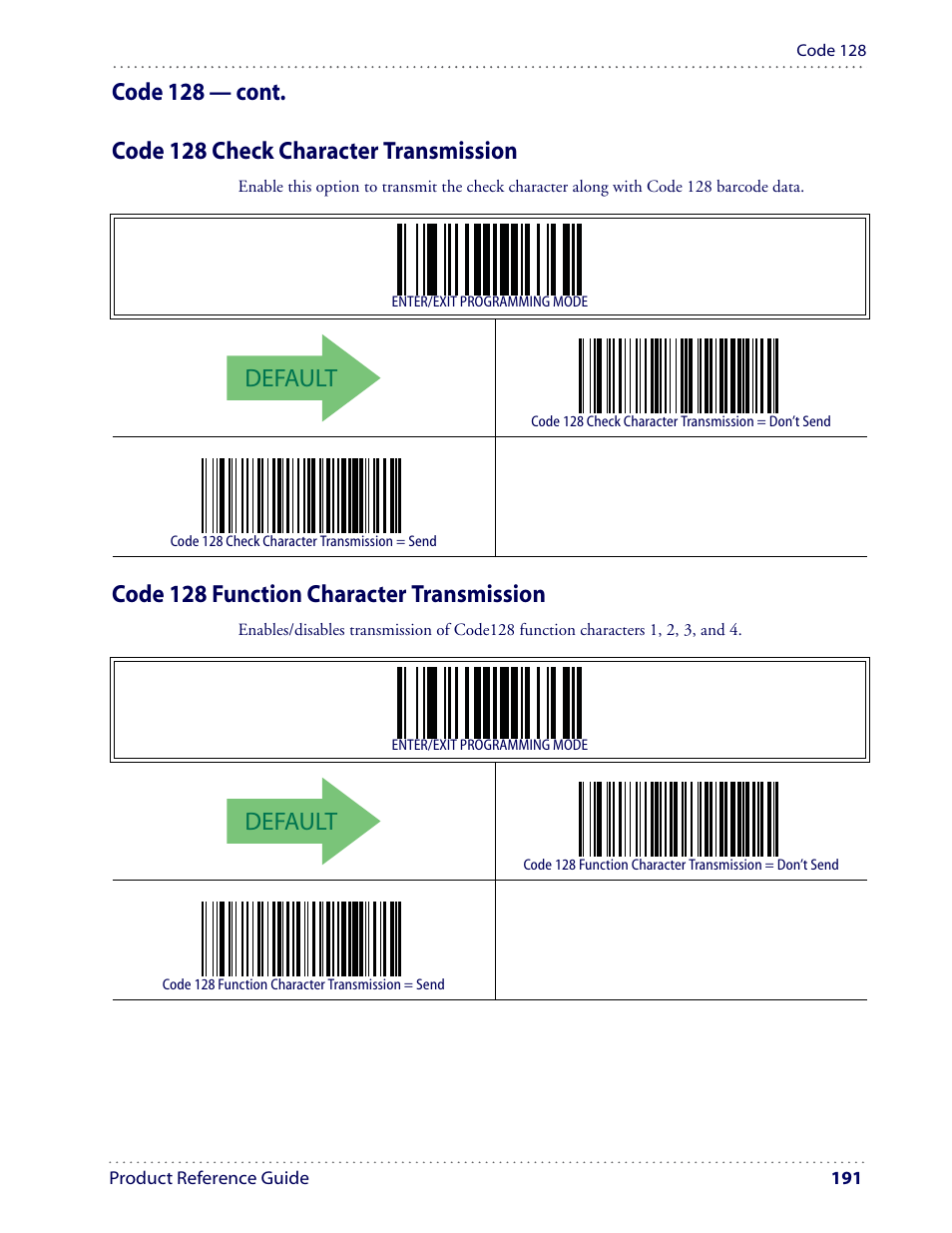 Default, Code 128 function character transmission | Datalogic Scanning I GD4100 User Manual | Page 193 / 324