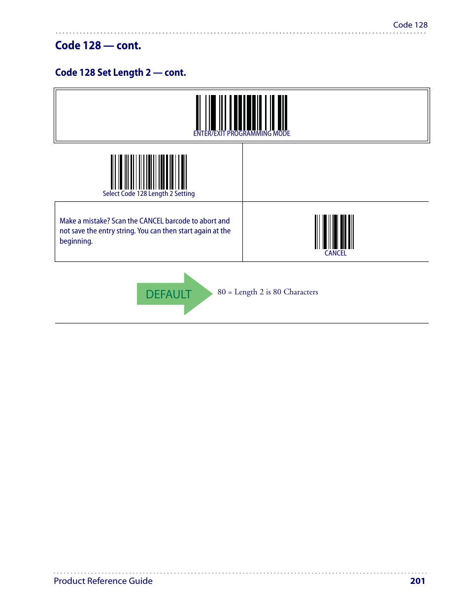 Default, Code 128 — cont | Datalogic Scanning I GD4100 User Manual | Page 203 / 324