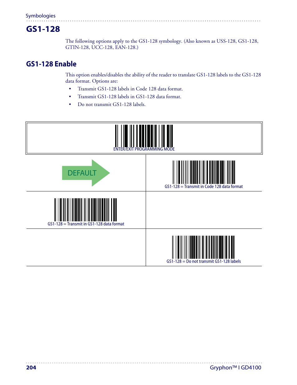 Gs1-128, Default, Gs1-128 enable | Datalogic Scanning I GD4100 User Manual | Page 206 / 324