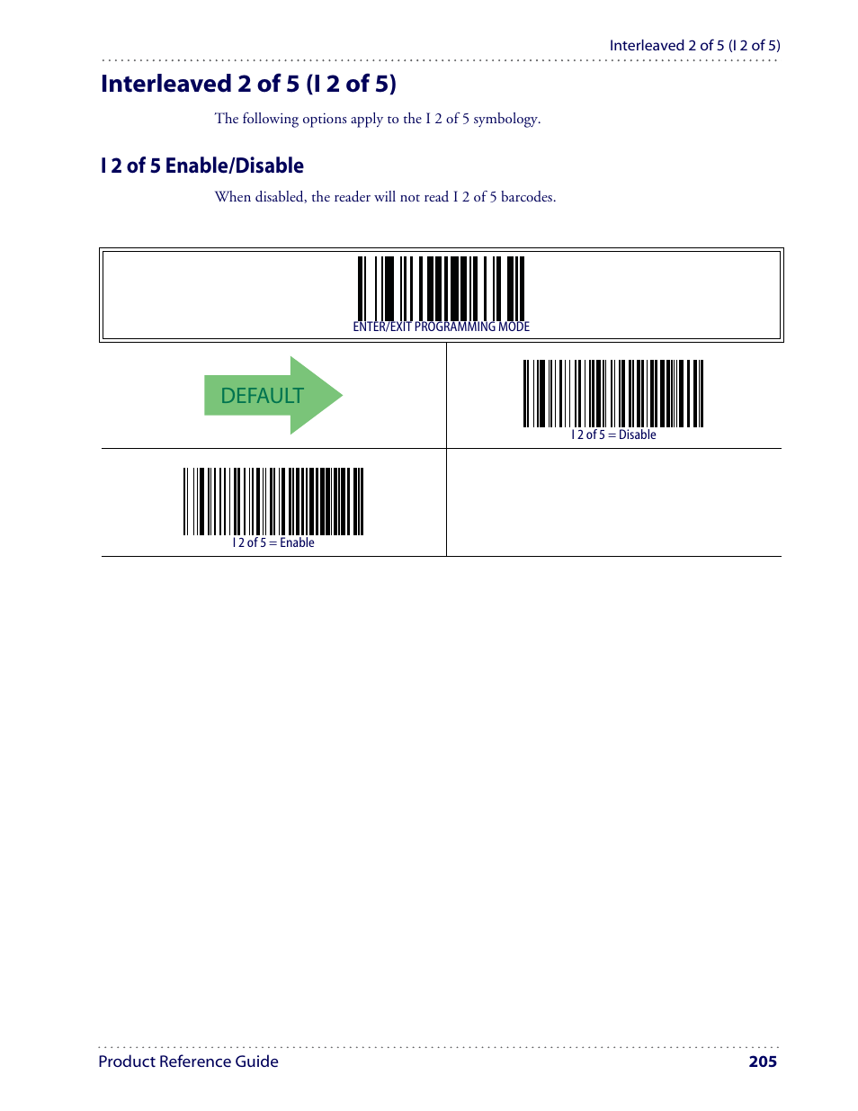 Interleaved 2 of 5 (i 2 of 5), Default, I 2 of 5 enable/disable | Datalogic Scanning I GD4100 User Manual | Page 207 / 324