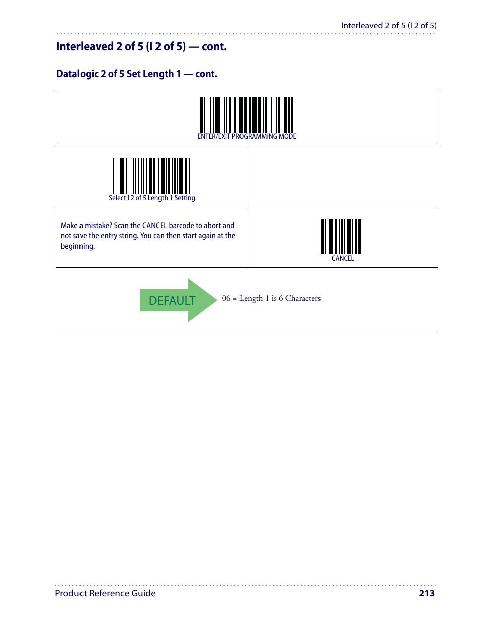 Default, Interleaved 2 of 5 (i 2 of 5) — cont | Datalogic Scanning I GD4100 User Manual | Page 215 / 324