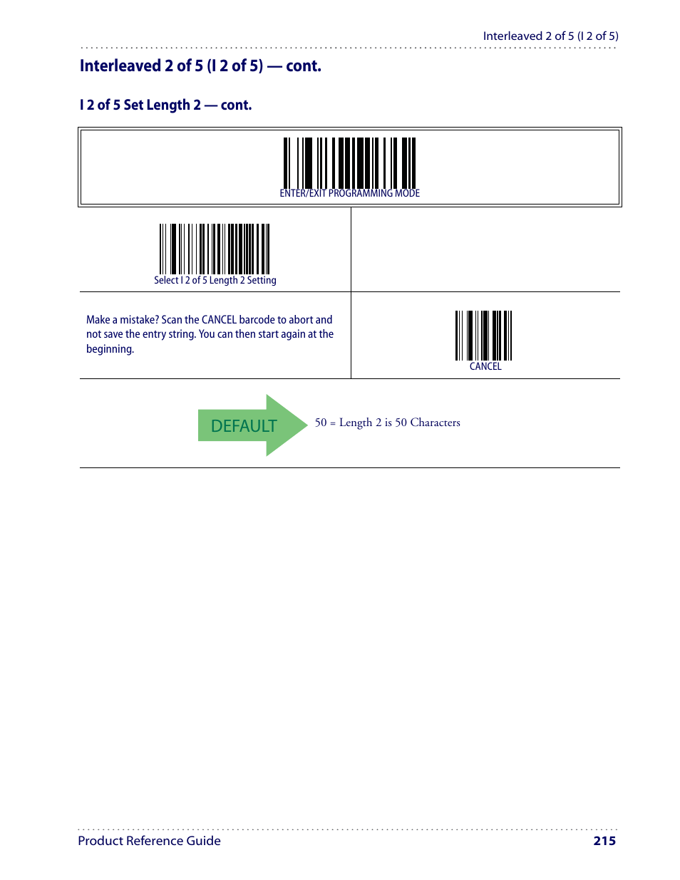 Default, Interleaved 2 of 5 (i 2 of 5) — cont | Datalogic Scanning I GD4100 User Manual | Page 217 / 324