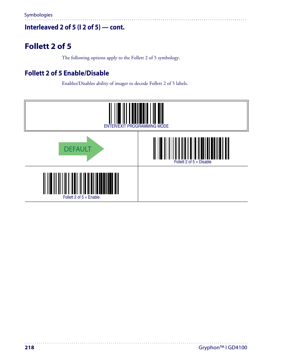 Follett 2 of 5, Default, Interleaved 2 of 5 (i 2 of 5) — cont | Follett 2 of 5 enable/disable | Datalogic Scanning I GD4100 User Manual | Page 220 / 324