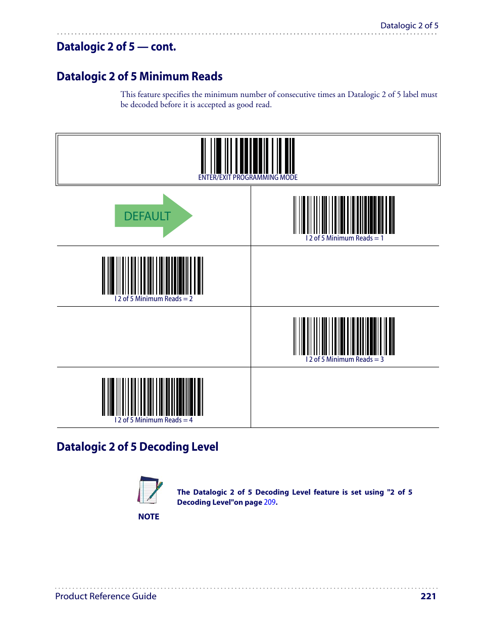 Default, Datalogic 2 of 5 decoding level | Datalogic Scanning I GD4100 User Manual | Page 223 / 324