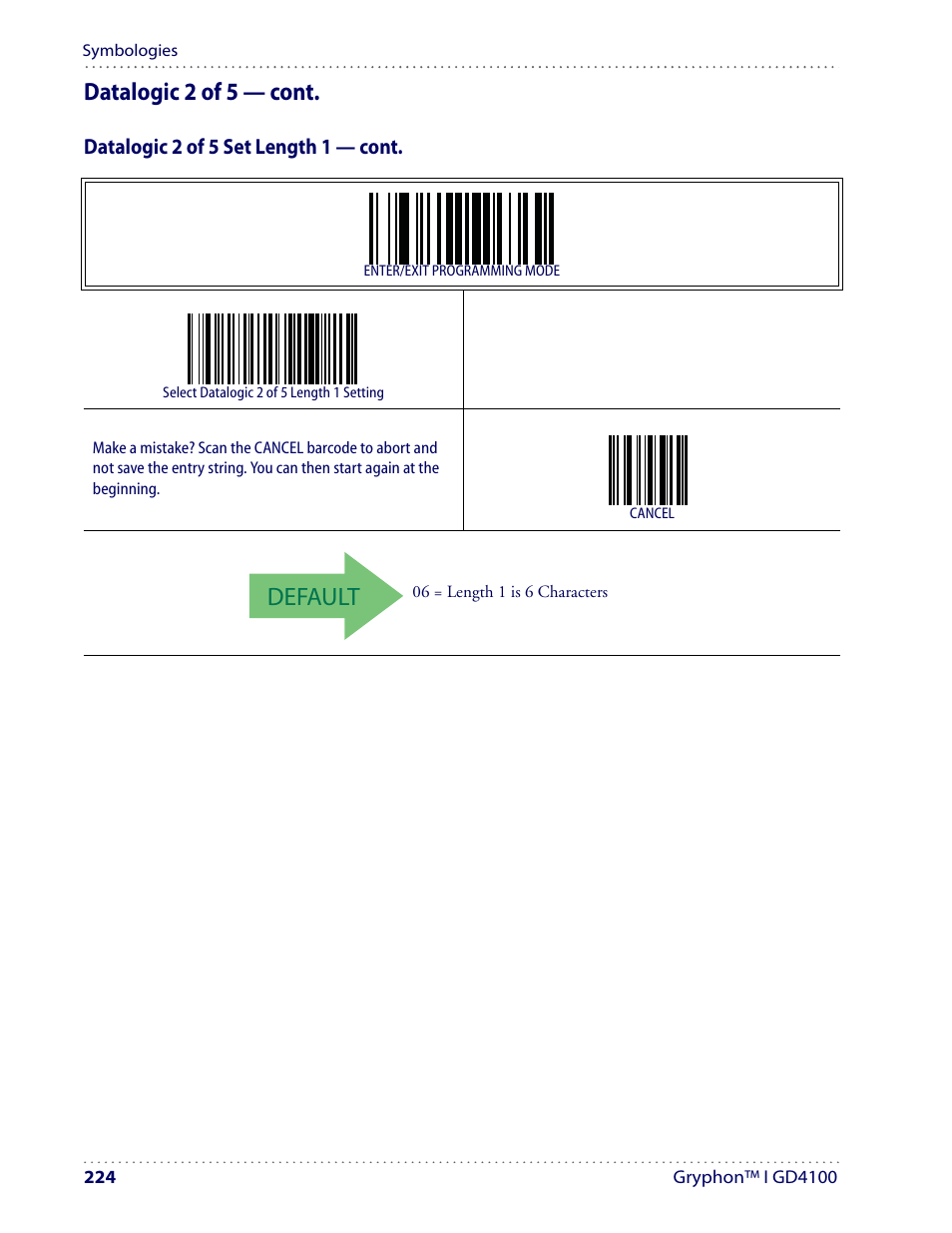 Default, Datalogic 2 of 5 — cont | Datalogic Scanning I GD4100 User Manual | Page 226 / 324