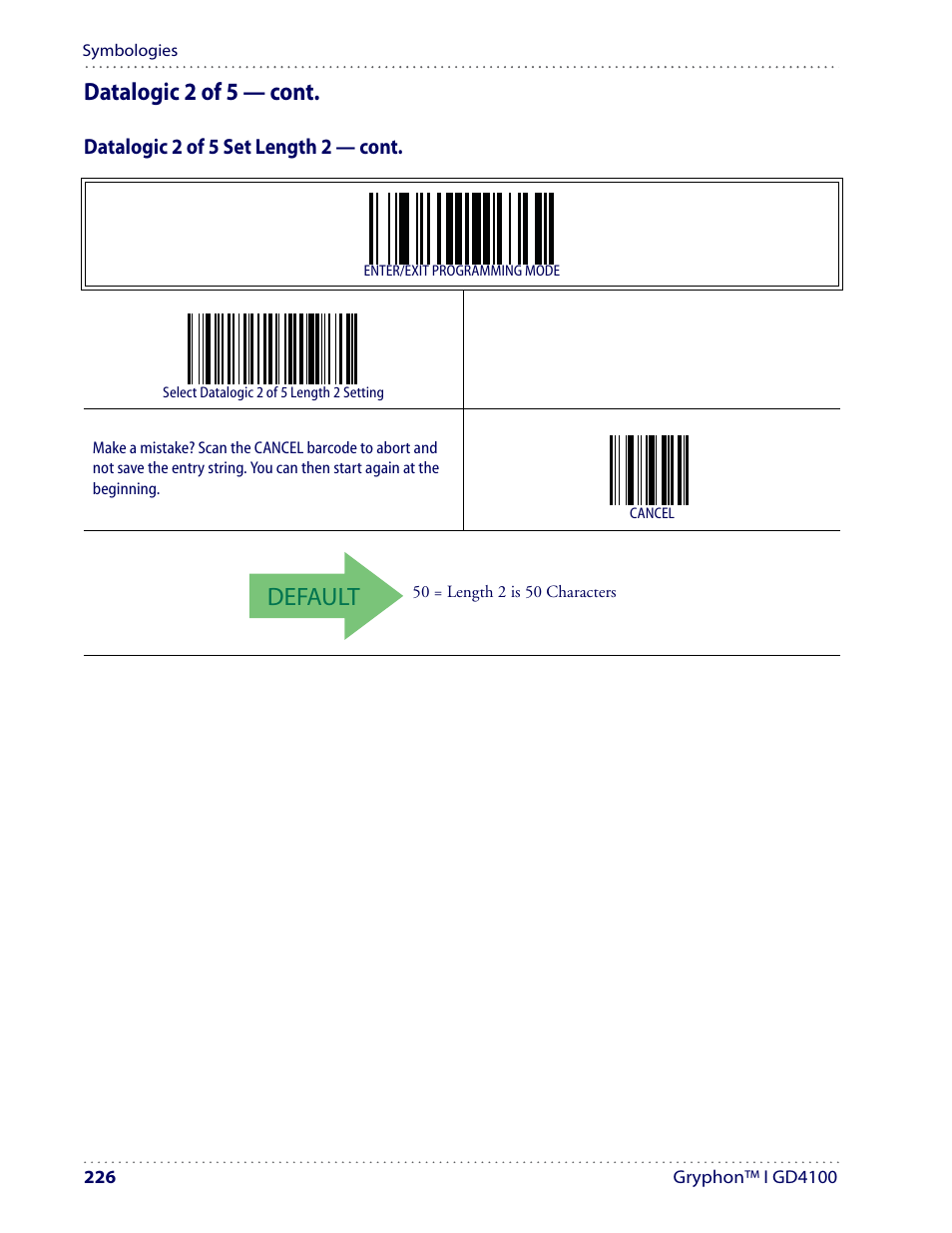 Default, Datalogic 2 of 5 — cont | Datalogic Scanning I GD4100 User Manual | Page 228 / 324