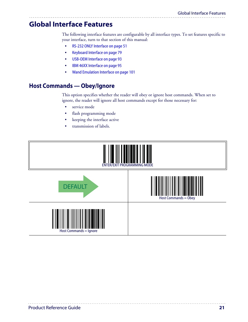 Global interface features, Default, Host commands — obey/ignore | Datalogic Scanning I GD4100 User Manual | Page 23 / 324