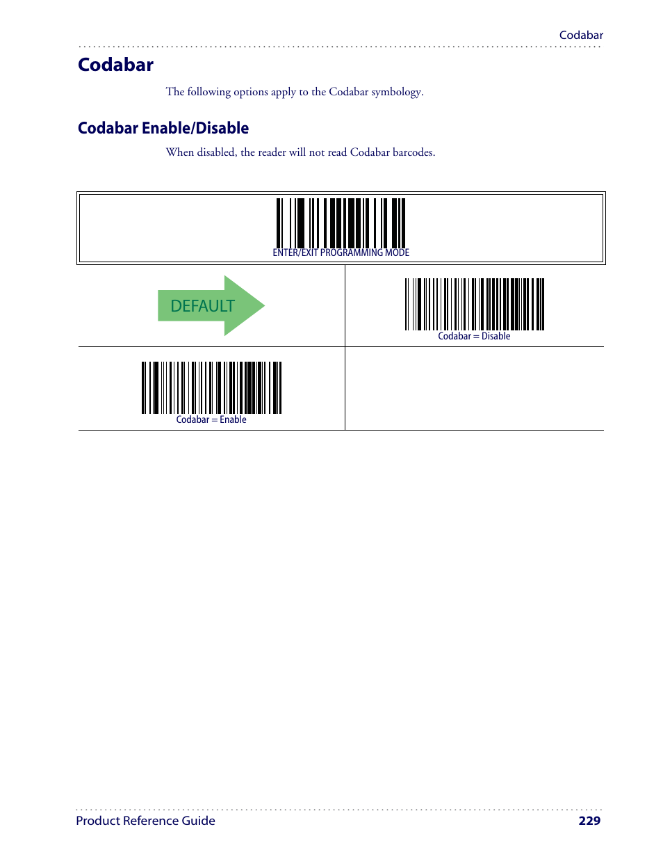 Codabar, Default, Codabar enable/disable | Datalogic Scanning I GD4100 User Manual | Page 231 / 324