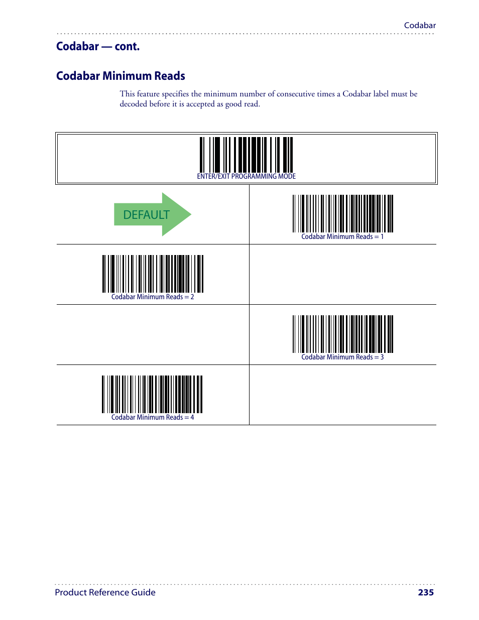 Default, Codabar — cont. codabar minimum reads | Datalogic Scanning I GD4100 User Manual | Page 237 / 324