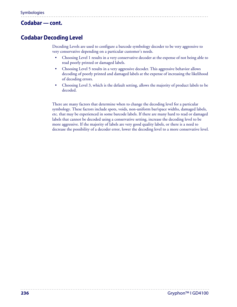 Codabar — cont. codabar decoding level | Datalogic Scanning I GD4100 User Manual | Page 238 / 324