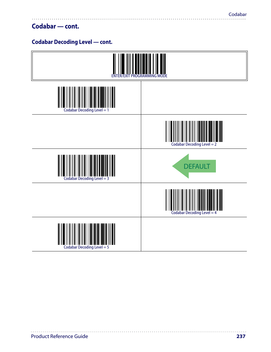 Default, Codabar — cont | Datalogic Scanning I GD4100 User Manual | Page 239 / 324