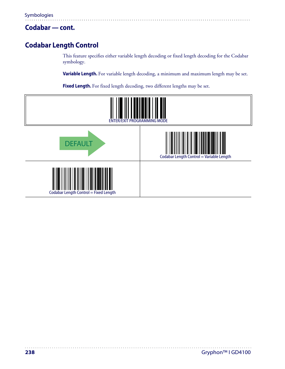 Default, Codabar — cont. codabar length control | Datalogic Scanning I GD4100 User Manual | Page 240 / 324