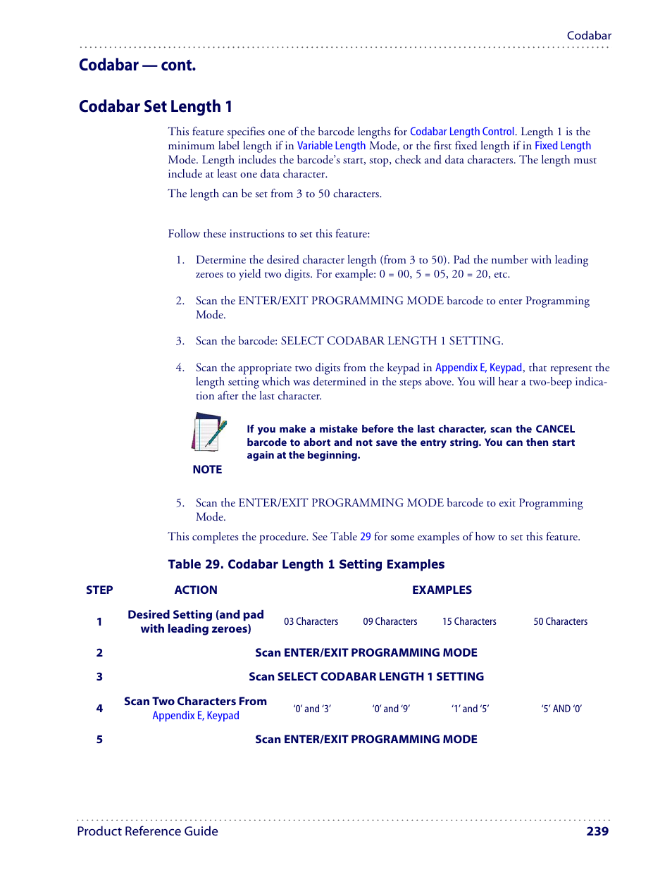 Codabar — cont. codabar set length 1 | Datalogic Scanning I GD4100 User Manual | Page 241 / 324