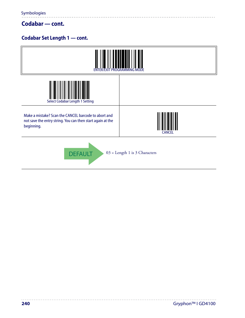 Default, Codabar — cont | Datalogic Scanning I GD4100 User Manual | Page 242 / 324