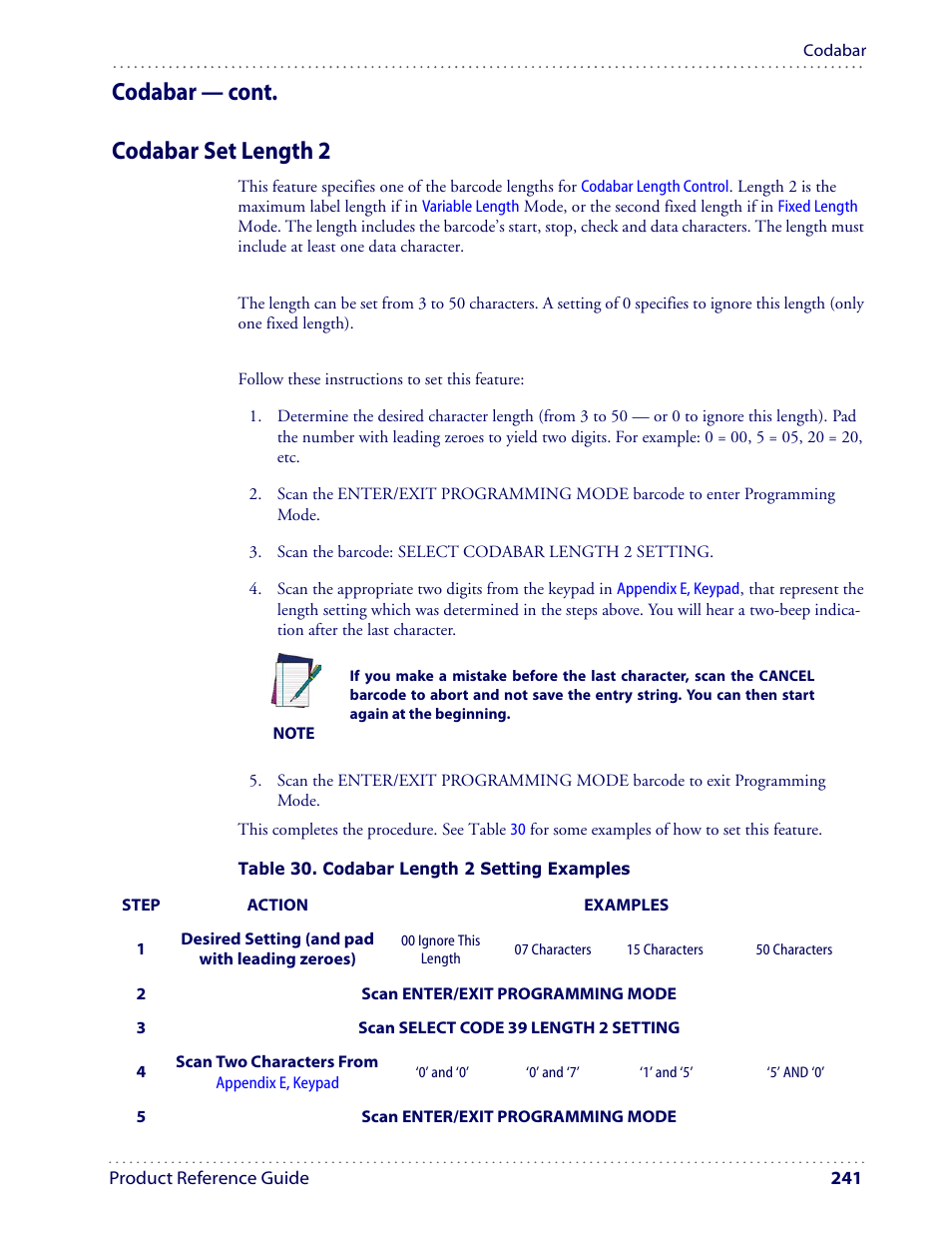 Codabar — cont. codabar set length 2 | Datalogic Scanning I GD4100 User Manual | Page 243 / 324