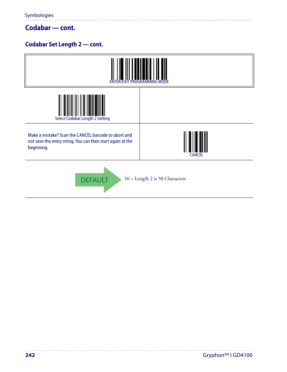 Default, Codabar — cont | Datalogic Scanning I GD4100 User Manual | Page 244 / 324