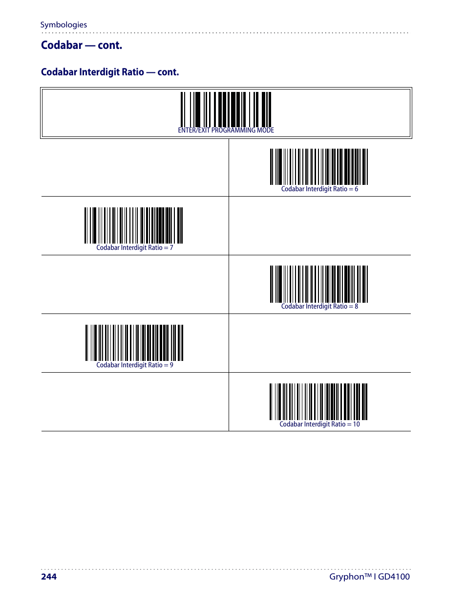 Codabar — cont, Codabar interdigit ratio — cont | Datalogic Scanning I GD4100 User Manual | Page 246 / 324