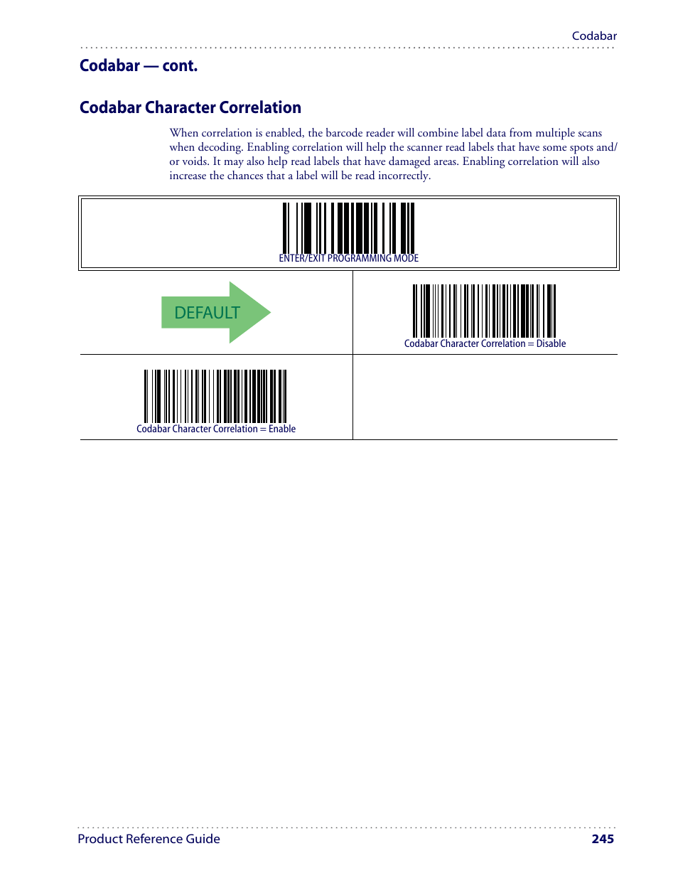 Default, Codabar — cont. codabar character correlation | Datalogic Scanning I GD4100 User Manual | Page 247 / 324