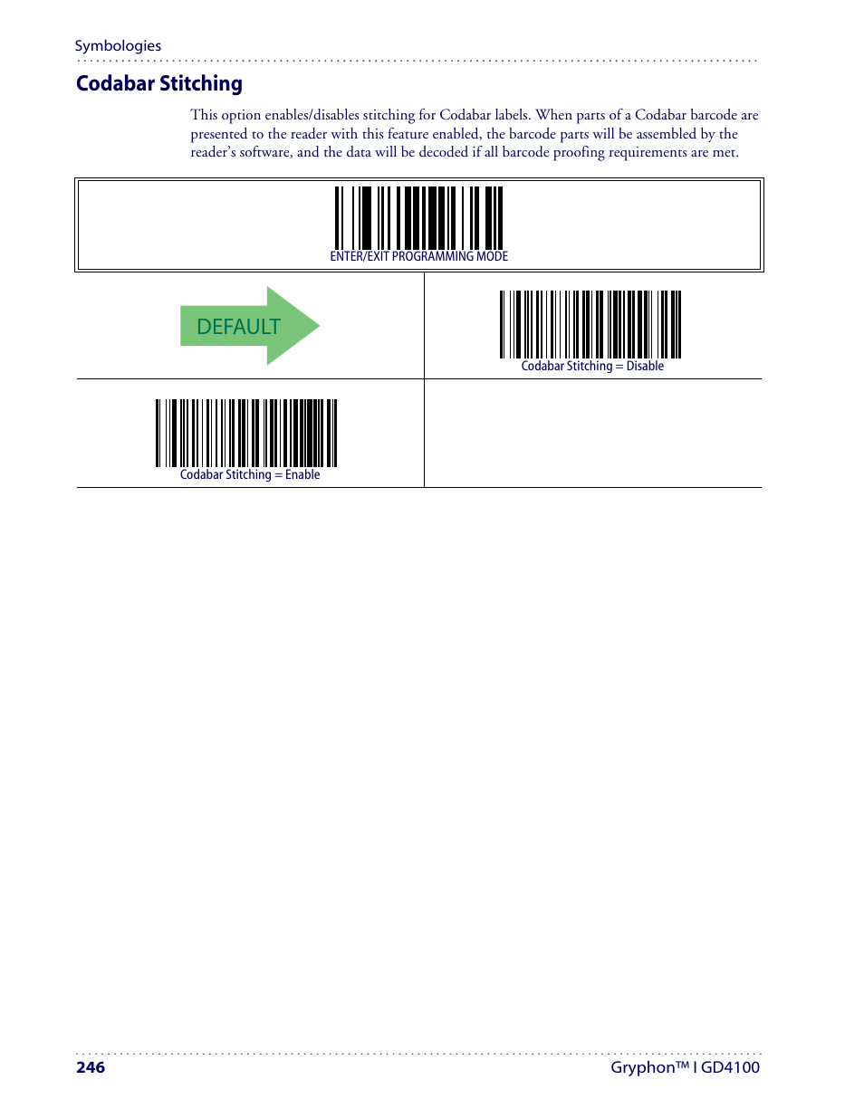 Default, Codabar stitching | Datalogic Scanning I GD4100 User Manual | Page 248 / 324