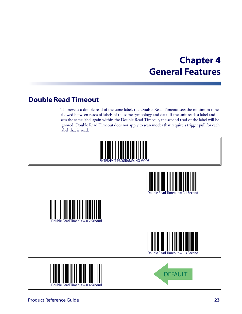 Chapter 4 general features, Double read timeout, Default | Datalogic Scanning I GD4100 User Manual | Page 25 / 324