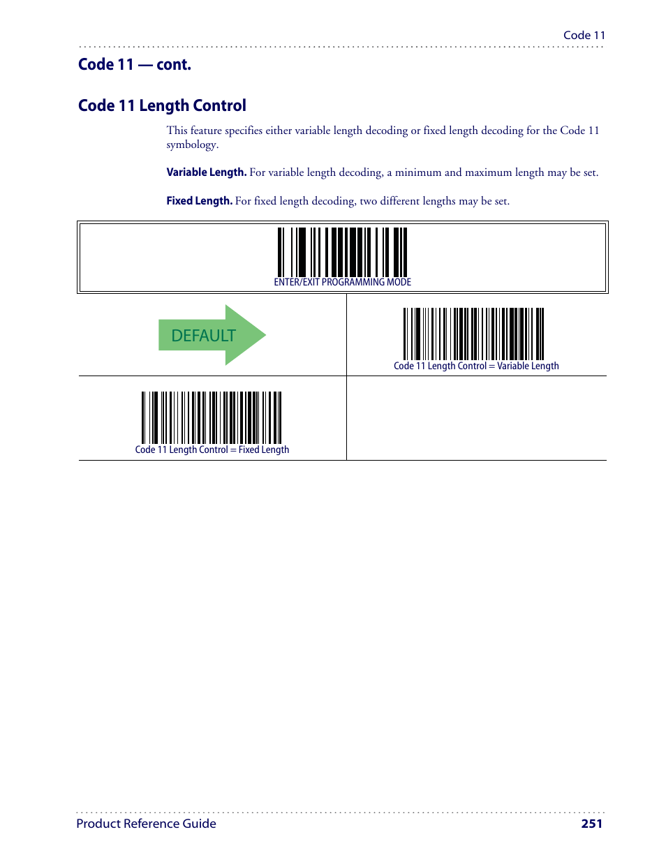 Default, Code 11 — cont. code 11 length control | Datalogic Scanning I GD4100 User Manual | Page 253 / 324