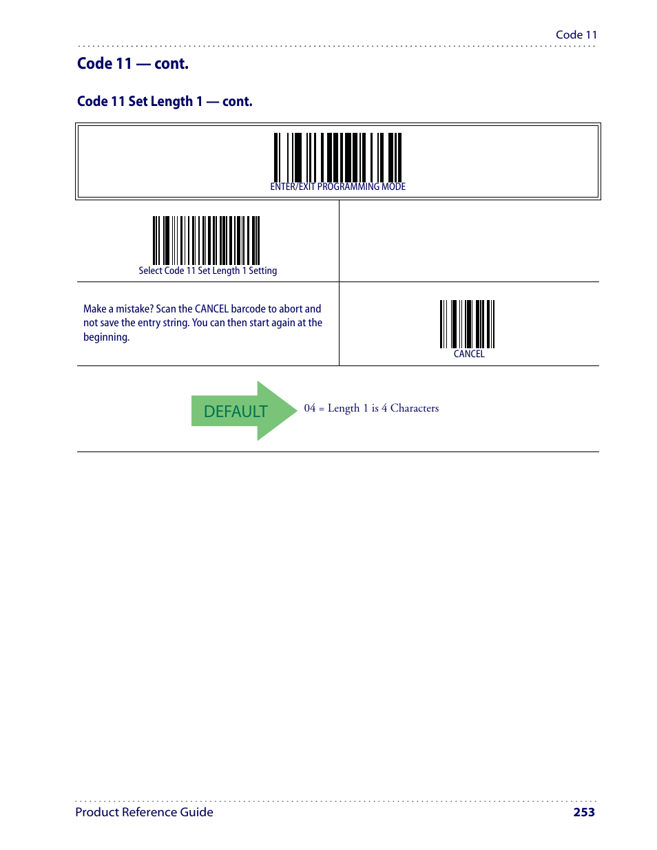 Default, Code 11 — cont | Datalogic Scanning I GD4100 User Manual | Page 255 / 324