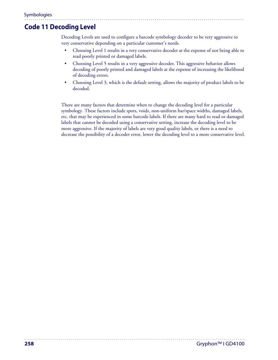 Code 11 decoding level | Datalogic Scanning I GD4100 User Manual | Page 260 / 324