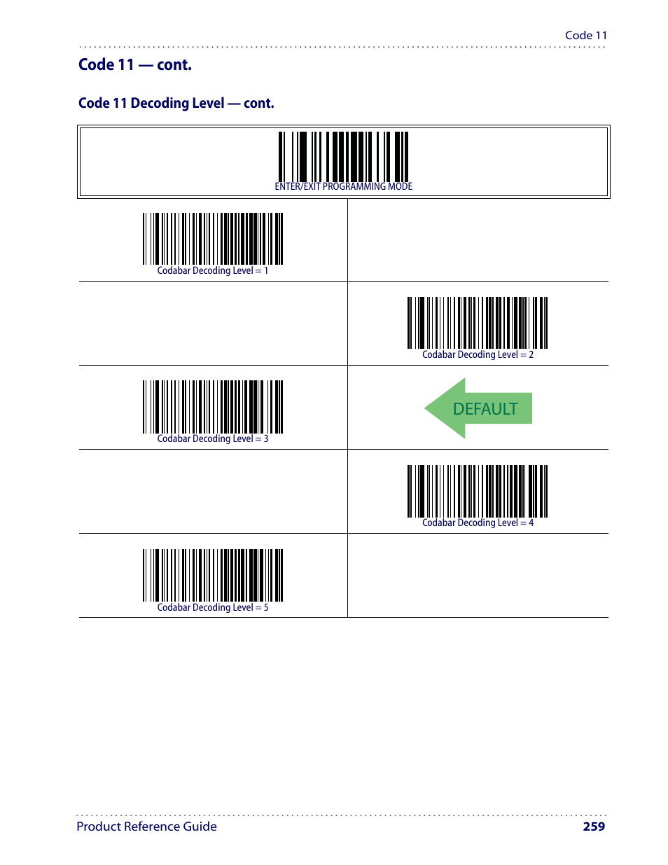 Default, Code 11 — cont | Datalogic Scanning I GD4100 User Manual | Page 261 / 324