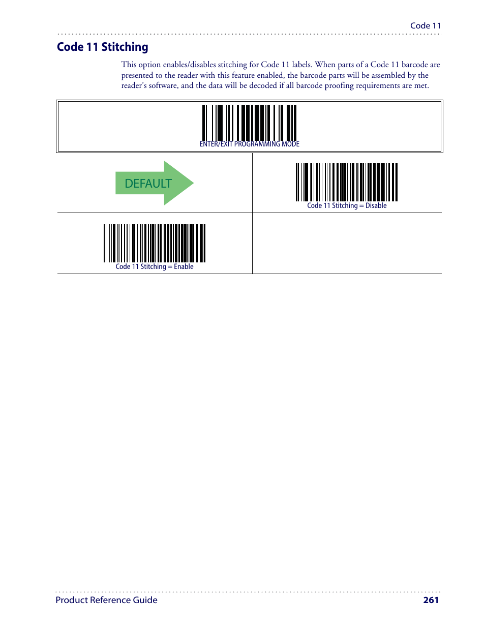 Default, Code 11 stitching | Datalogic Scanning I GD4100 User Manual | Page 263 / 324