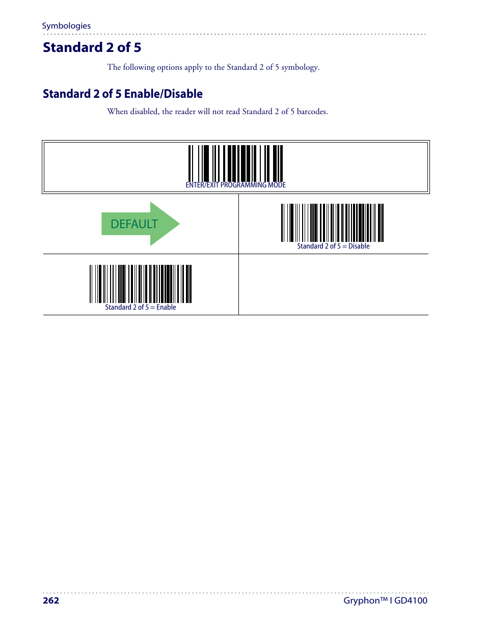 Standard 2 of 5, Default, Standard 2 of 5 enable/disable | Datalogic Scanning I GD4100 User Manual | Page 264 / 324