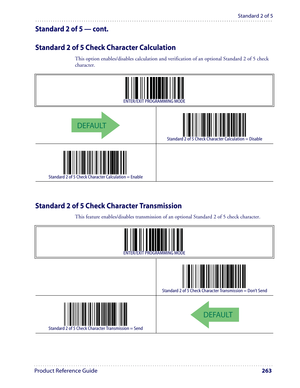 Default, Standard 2 of 5 check character transmission | Datalogic Scanning I GD4100 User Manual | Page 265 / 324