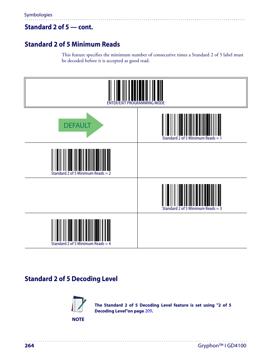 Default, Standard 2 of 5 decoding level | Datalogic Scanning I GD4100 User Manual | Page 266 / 324