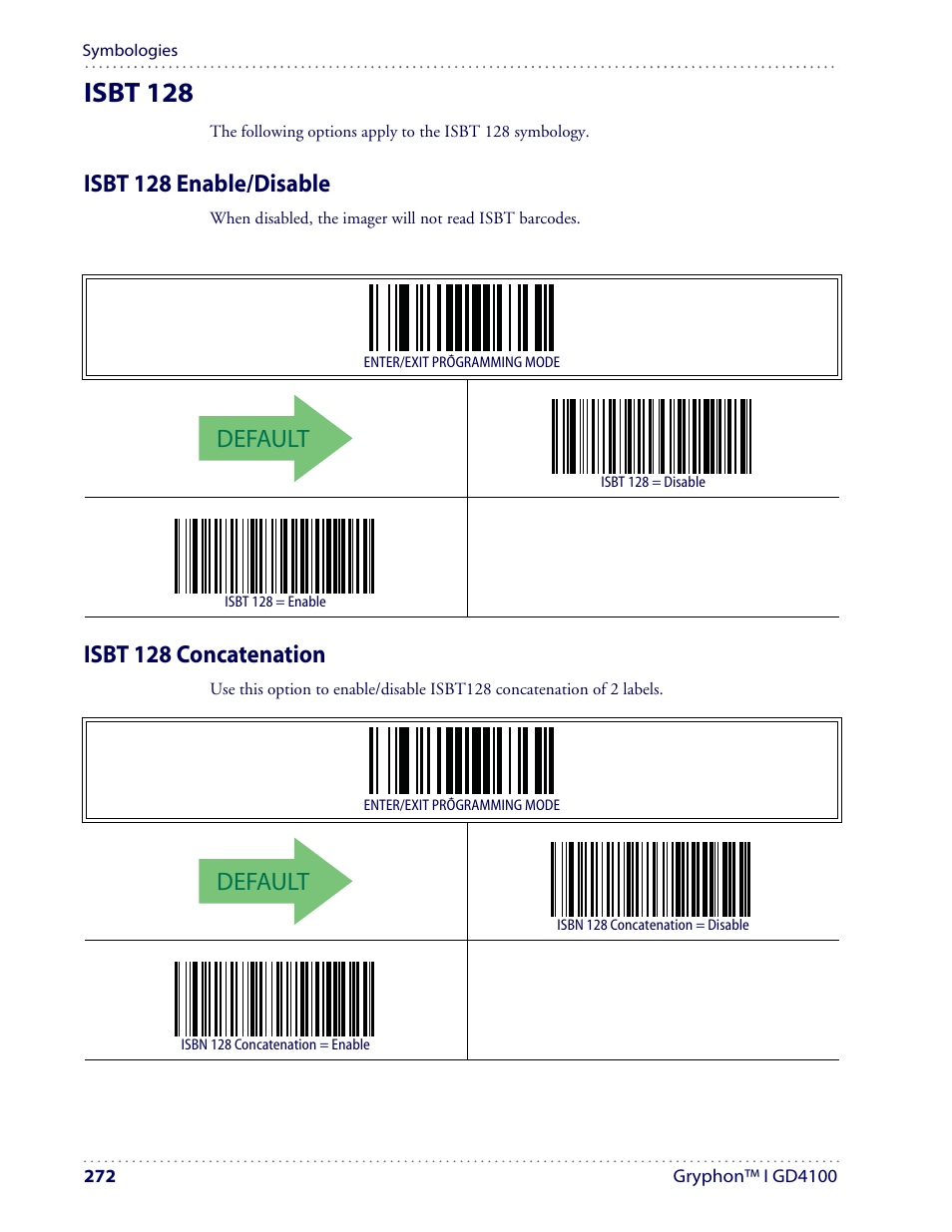 Isbt 128, Default, Isbt 128 enable/disable | Isbt 128 concatenation | Datalogic Scanning I GD4100 User Manual | Page 274 / 324