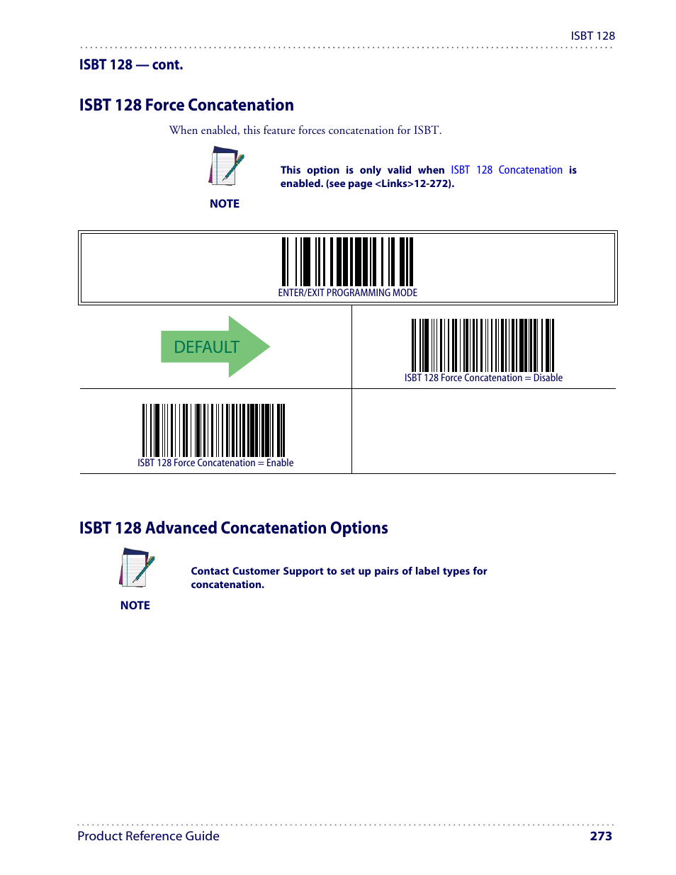 Default, Isbt 128 force concatenation, Isbt 128 advanced concatenation options | Datalogic Scanning I GD4100 User Manual | Page 275 / 324