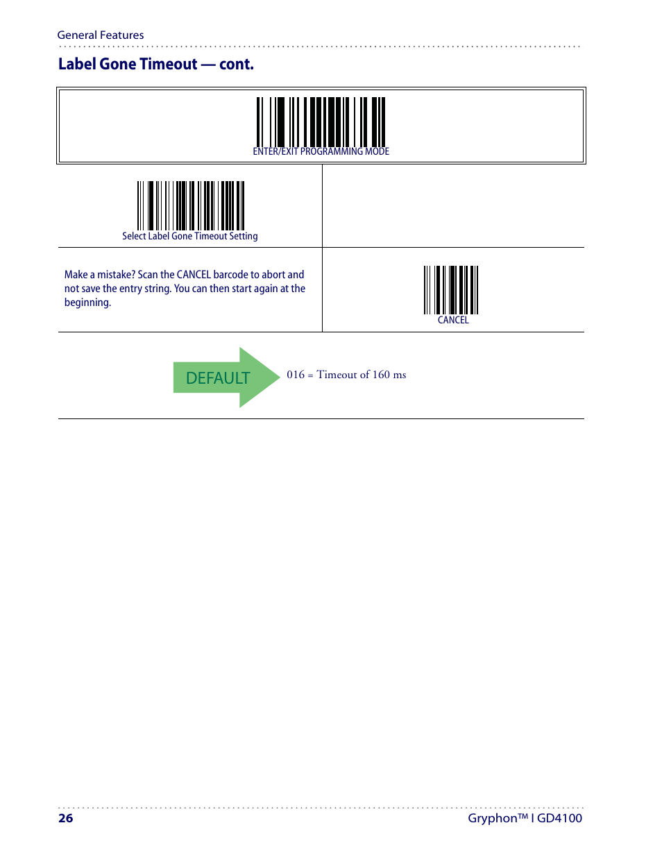 Default, Label gone timeout — cont | Datalogic Scanning I GD4100 User Manual | Page 28 / 324