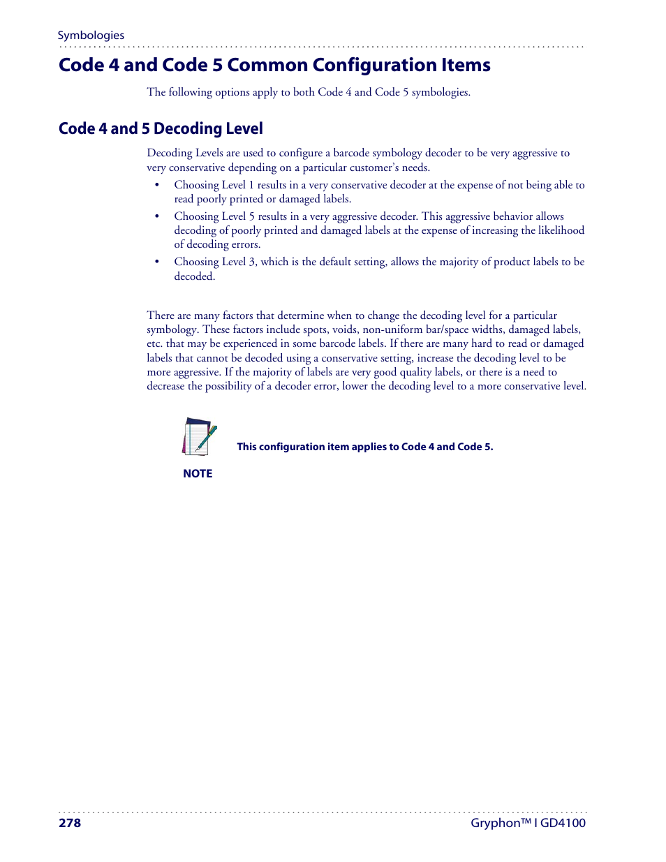 Code 4 and code 5 common configuration items, Code 4 and 5 decoding level | Datalogic Scanning I GD4100 User Manual | Page 280 / 324