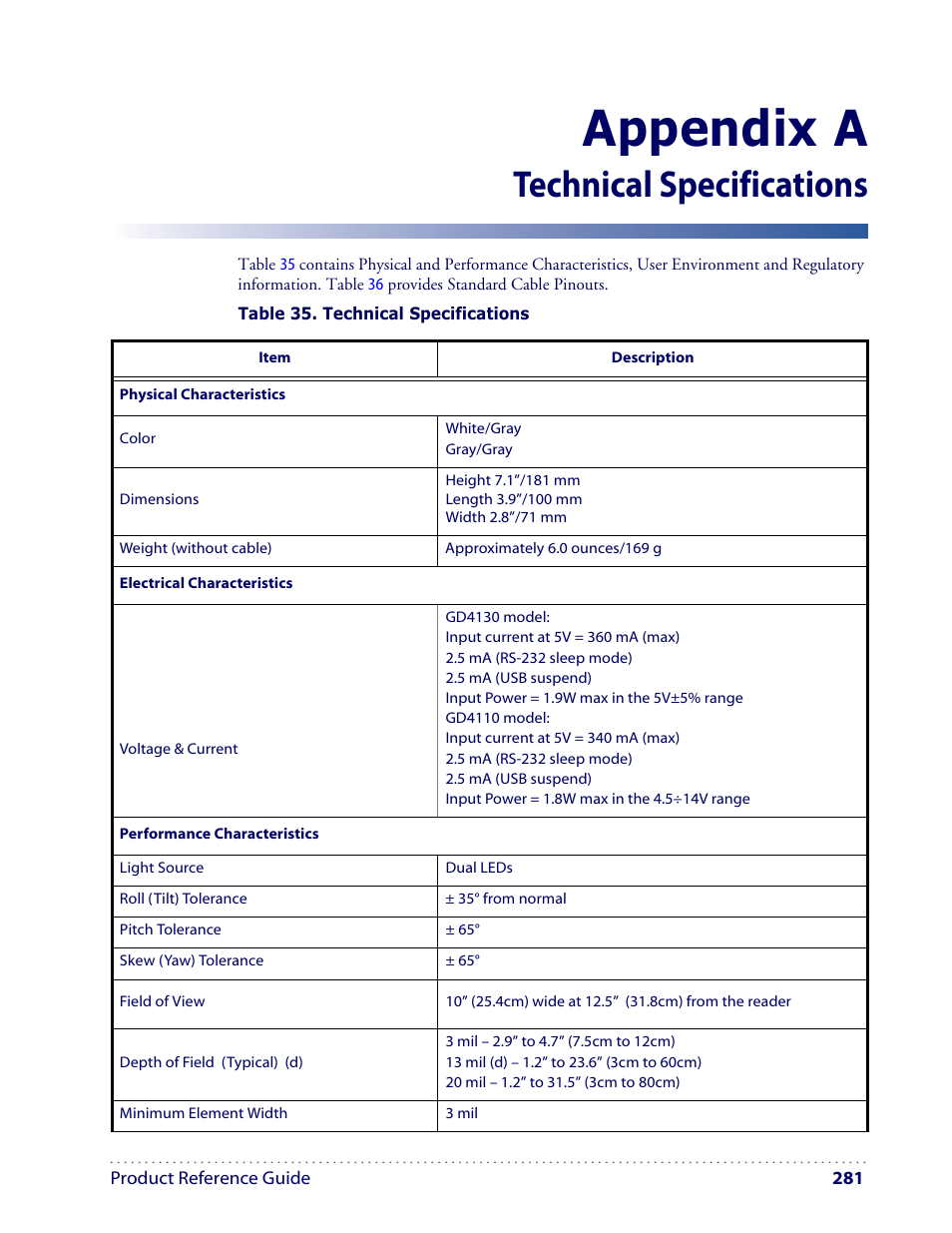 Appendix a, Technical specifications | Datalogic Scanning I GD4100 User Manual | Page 283 / 324