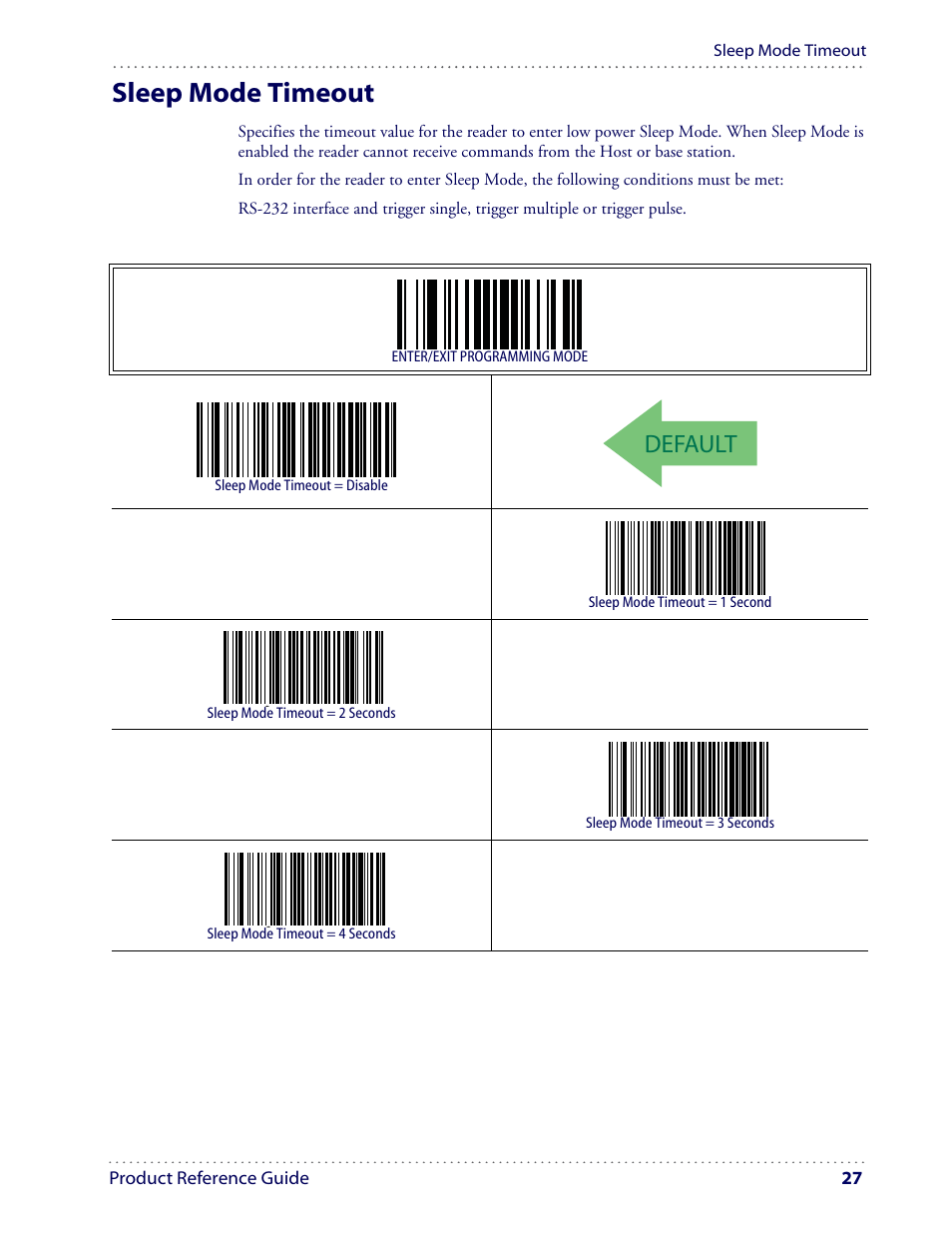 Sleep mode timeout, Default | Datalogic Scanning I GD4100 User Manual | Page 29 / 324